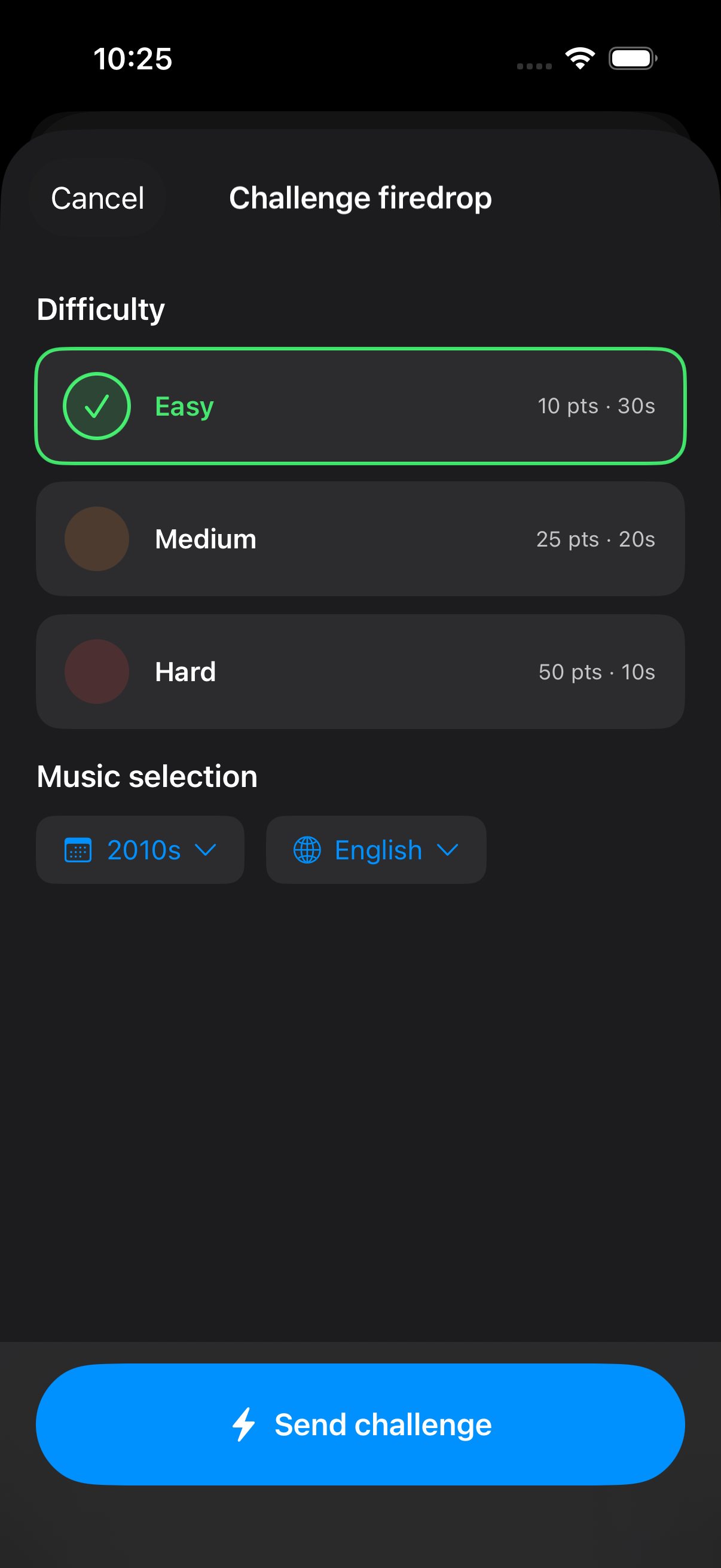 1v1 challenge settings